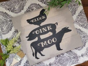 Cluck Oink Moo 16x16 Planked Sign